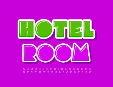 Vektör yaratıcı şablon otel odası. Parlak soyut yazı tipi. Yeşil ve Mor Alfabe Harfleri ve Sayıları