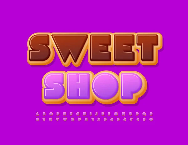 Vector Logotipo Brilhante Sweet Shop Purple Glazed Font Inglês Saboroso — Vetor de Stock
