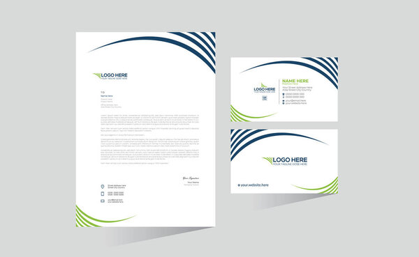 blue and green colored simple letterhead and business card design for any kind of use