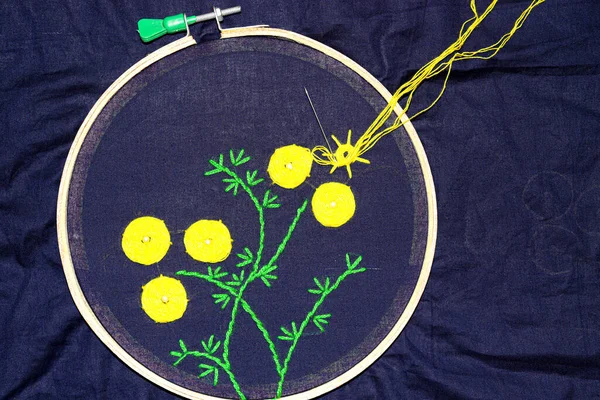 Travail Broderie Artisanal Laine Jaune Vert Avec Cadre Circulaire Sur — Photo