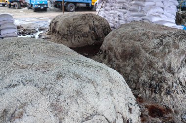 İşlem için tabakhanedeki ineğin tuzlanmış deri stoğu.