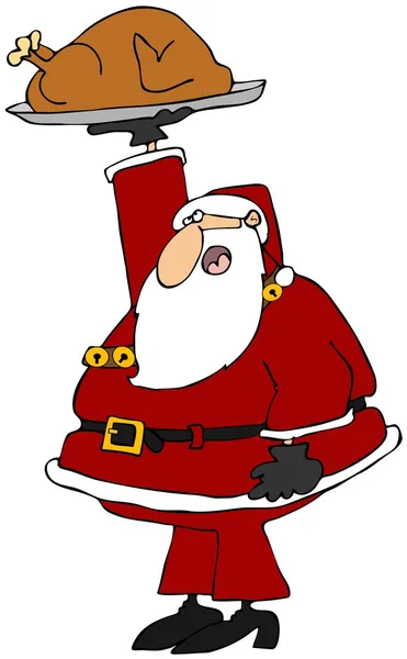 Weihnachtsmann hält gebratenen Truthahn in die Höhe — Stockfoto