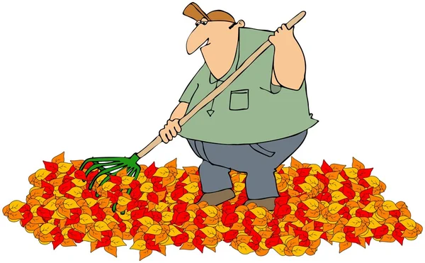This illustration depicts a man raking a pile of colorful autumn leaves. 