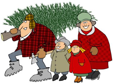 bir Noel ağacı taşıyan aile