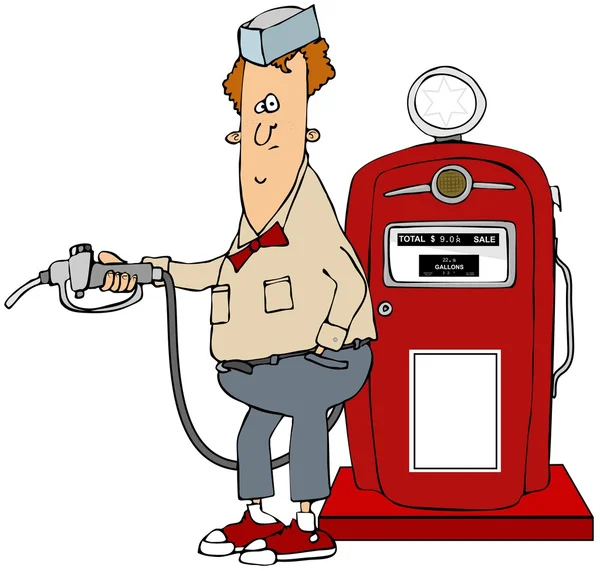 Boy pumping gas from a retro pump — Stock Photo, Image