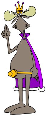 Taç ve pelerin giyen ve kraliyet asası taşıyan bir geyik resmi..