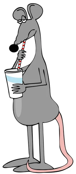 一个灰色老鼠用吸管喝苏打水的例子 — 图库照片