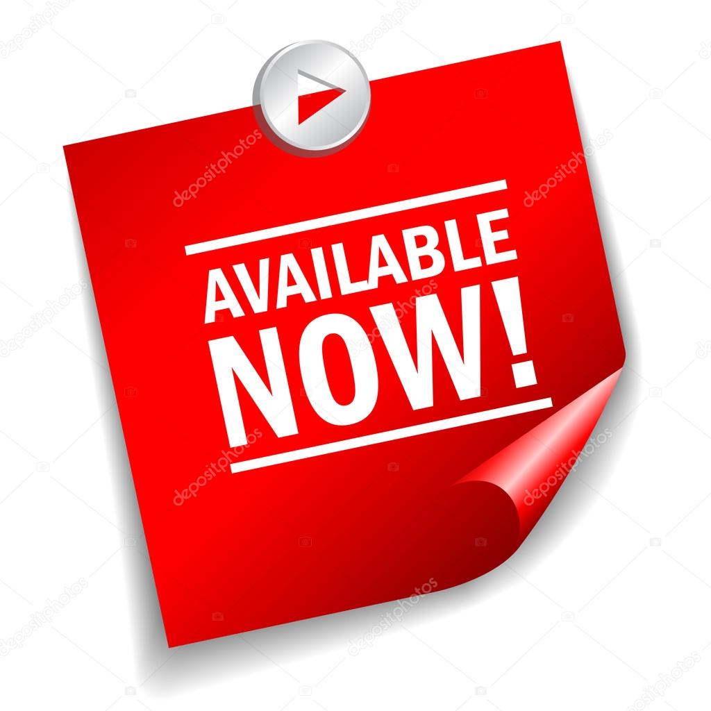 Available now sticker, vector illustration