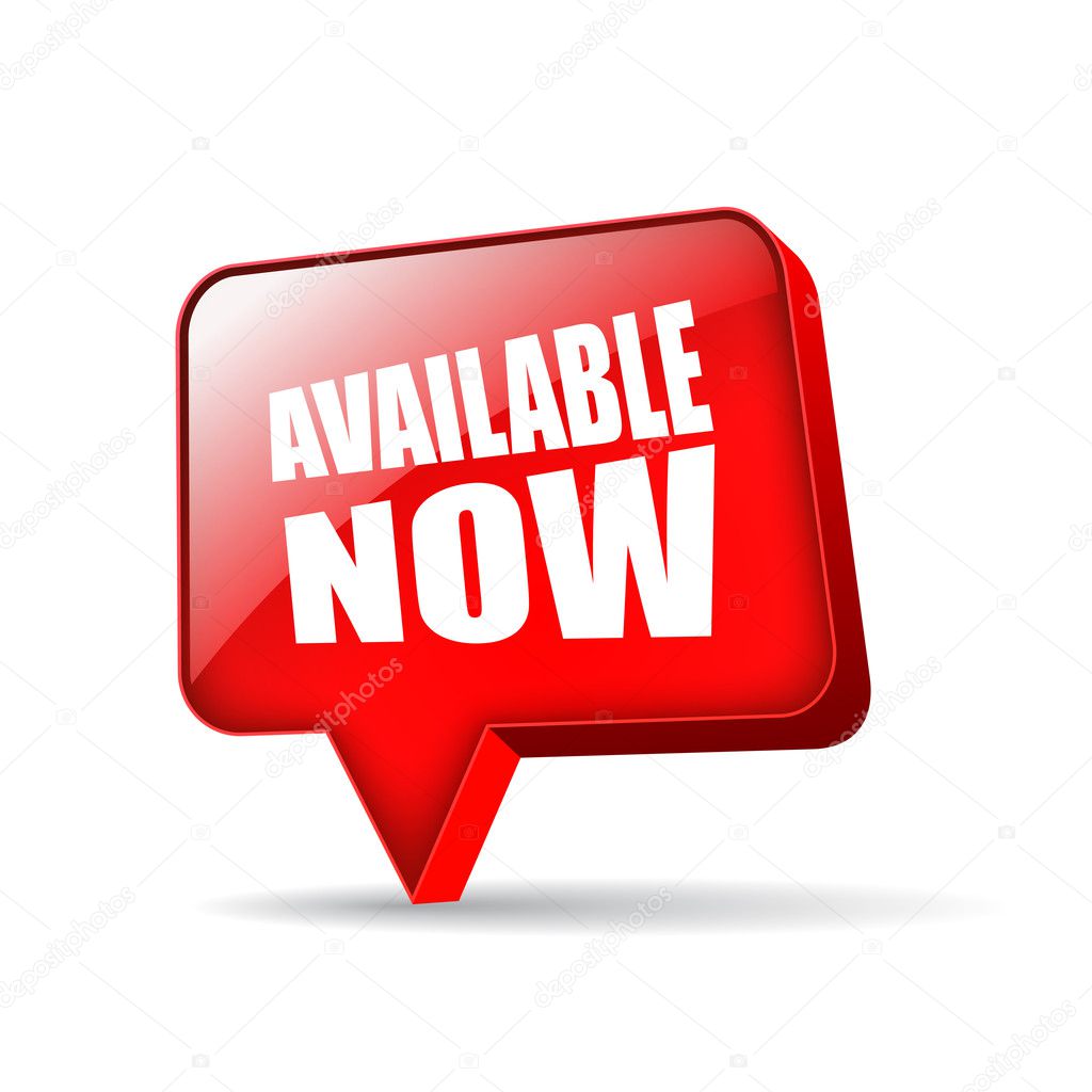 Available now glossy bubble, vector illustration