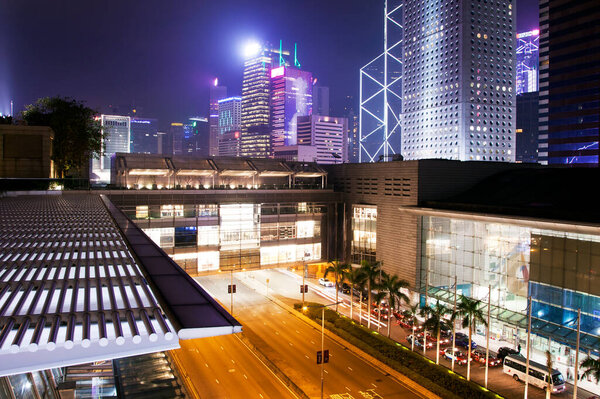 HONG KONG - 21 APRIL 2021: Night city and IFC shopping mall