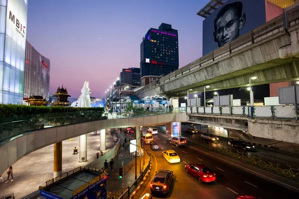 Phayathai road and MBK shopping mall at night in Bangkok, Thailand