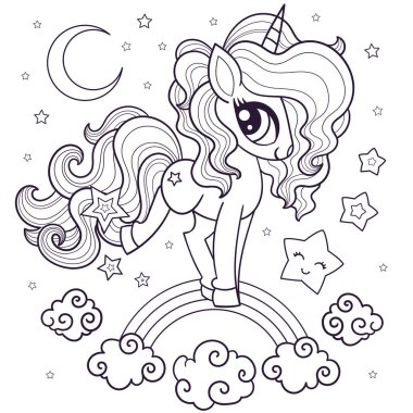 Gökkuşağında şirin tek boynuzlu at. Siyah ve beyaz doğrusal görüntü. Vektör