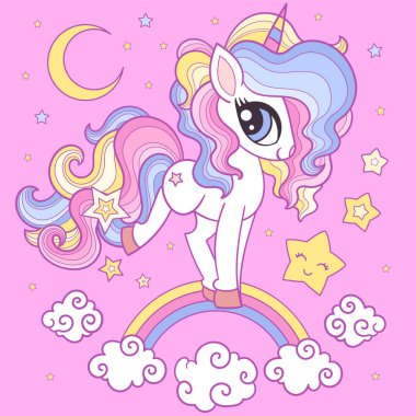 Pembe arka planda gökkuşağında şirin tek boynuzlu at çizgi filmi. Sihirli bir hayvan. Vektör