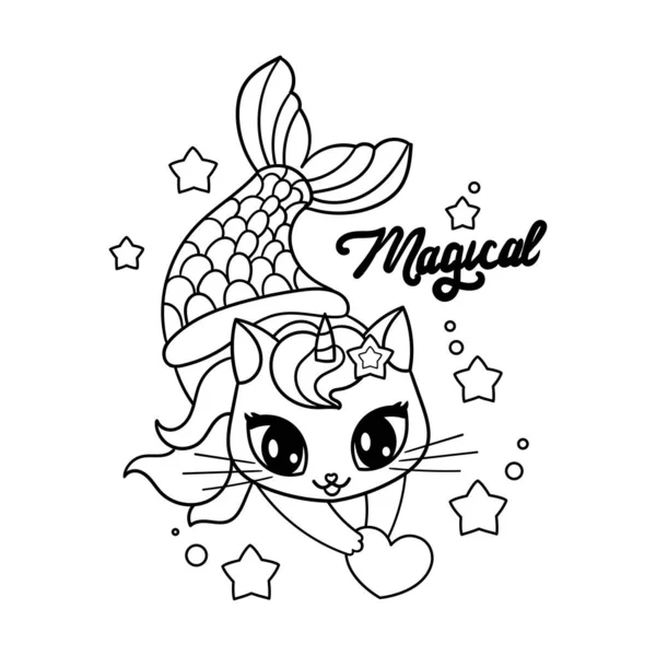 Mignon chat sirène licorne. Plan contour noir et blanc. Vecteur — Image vectorielle