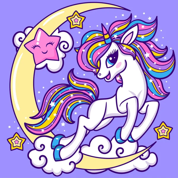 Gökkuşağı yeleli şirin beyaz bir tek boynuzlu at hilal ayına biniyor. Sihirli fantastik hayvan. Çocuklar için kızlar için baskılar, posterler, kartpostallar, çıkartmalar, selamlar, rozetler, kartlar ve daha fazlası için. Vektör