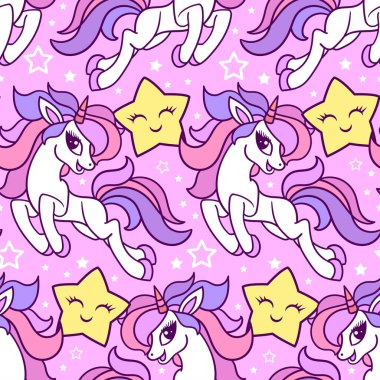 gökkuşağı tek boynuzlu atı ve yıldızlı kusursuz desen. Çocuk arka planlarının tasarımı için, duvar kağıtları, kumaşlar, ambalaj kağıtları, vs. Vektör
