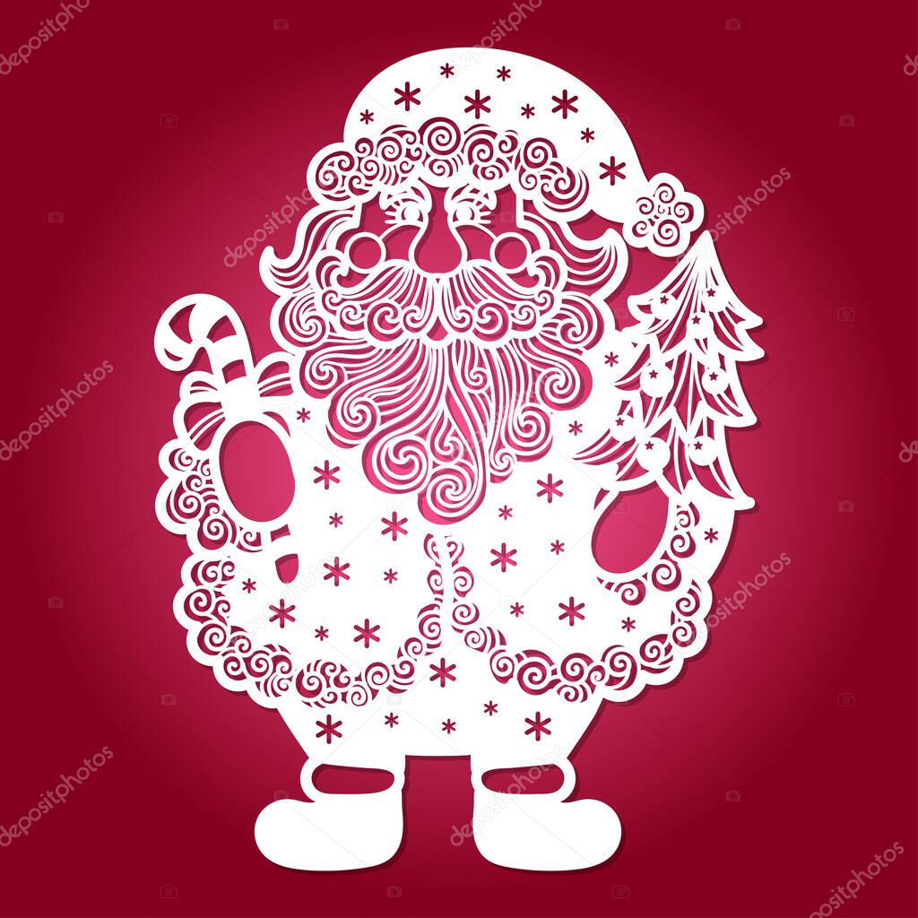 Laser cutting template. Santa claus with christmas tree. Vector