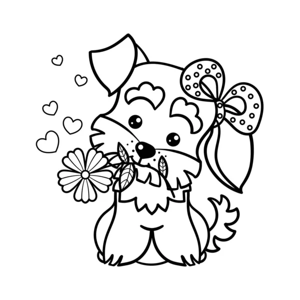 Lindo perrito con una flor. Dibujo lineal en blanco y negro. Vector — Archivo Imágenes Vectoriales