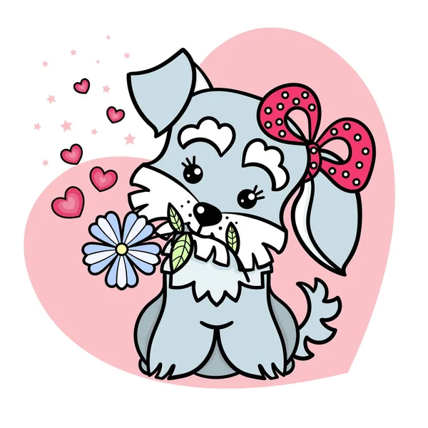 Cãozinho bonito com flor e arco. Vetor — Vetor de Stock