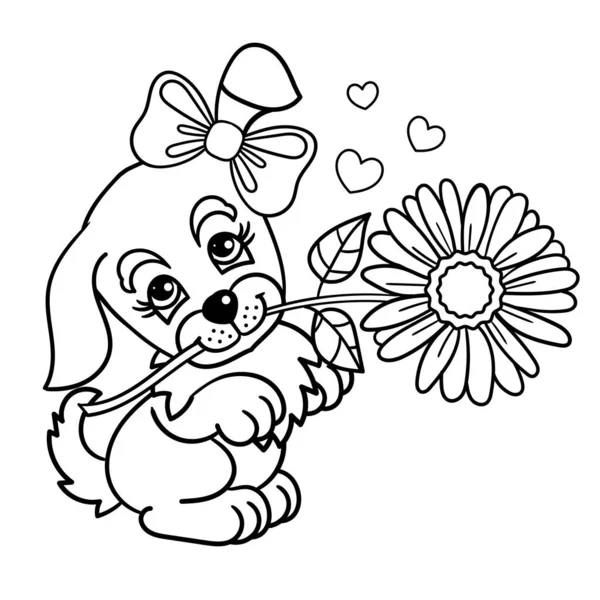 Χαριτωμένο Σκυλάκι Κουτάβι Λουλούδι Ασπρόμαυρο Γραμμικό Σχέδιο Κατάλληλο Για Παιδικό — Διανυσματικό Αρχείο