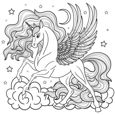 Güzel tek boynuzlu at. Siyah ve beyaz doğrusal görüntü. Vektör