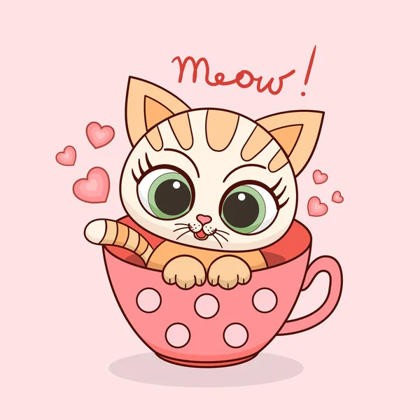 Meow Cute Cartoon Kitten Sits Cup Children Design Prints Posters — Vetor de Stock