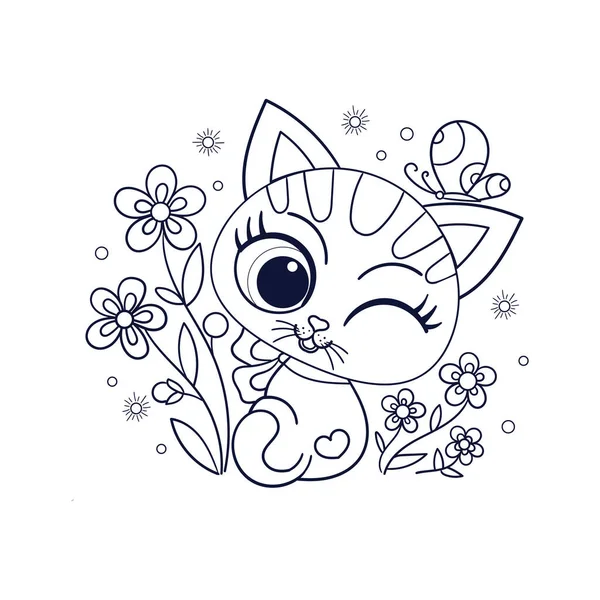 Gatinho Bonito Dos Desenhos Animados Com Flores Borboleta Desenho Linear — Vetor de Stock