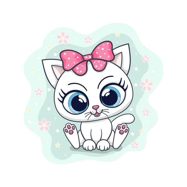 Cute little, white kitten with a bow. Vector — стоковый вектор