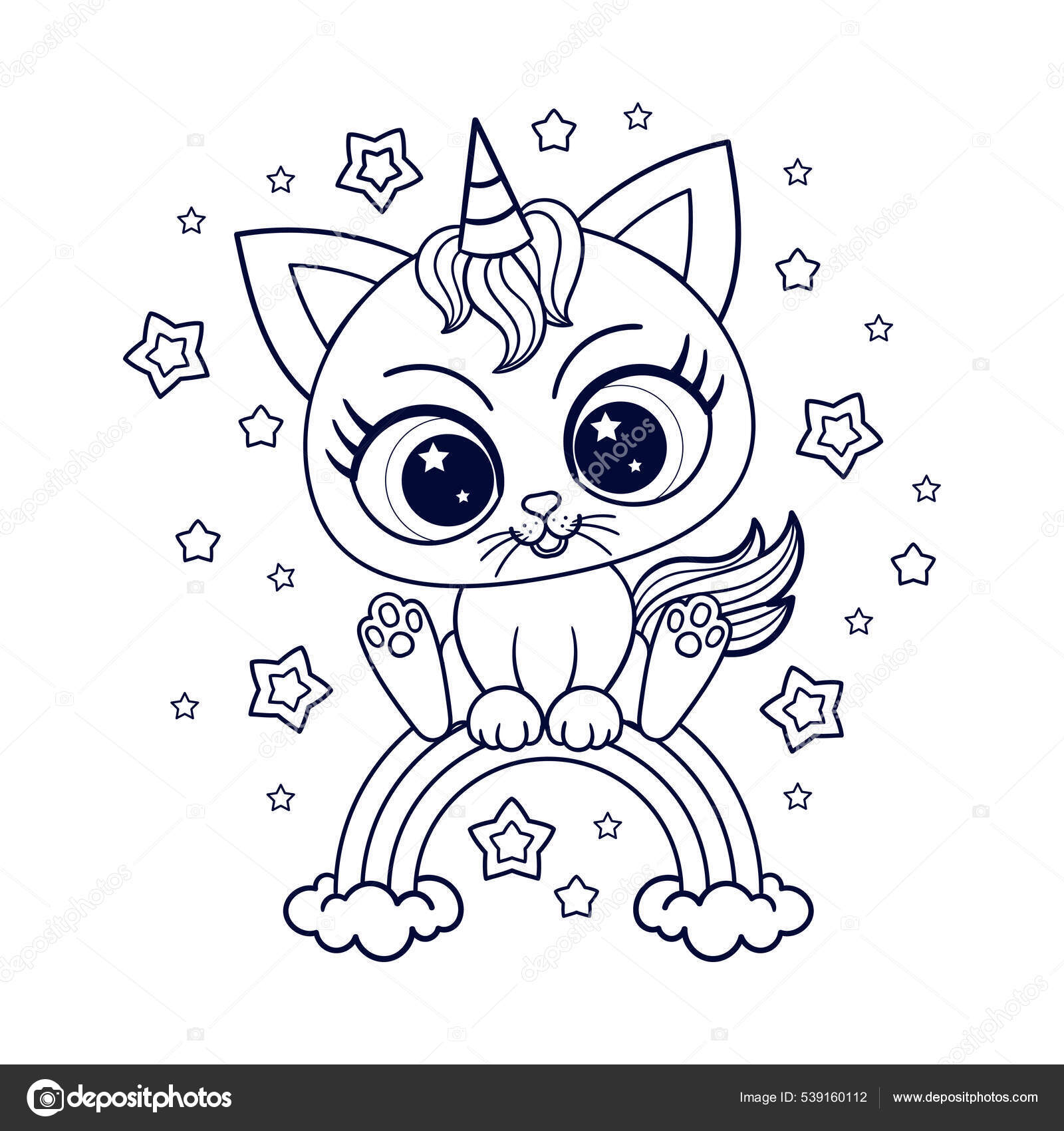 Desenho de unicórnio de gato bonito e arco-íris para colorir desenhado à  mão