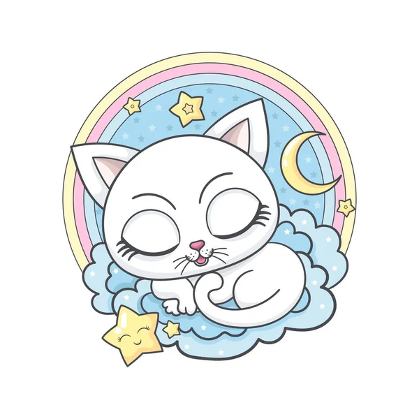 Bonito, branco, gatinho adormecido em uma nuvem com um arco-íris. Vetor — Vetor de Stock