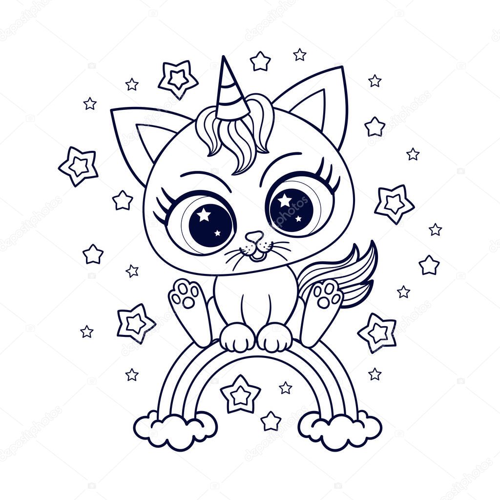 Little kitten unicorn on a rainbow. Black and white, linear drawing. Vector