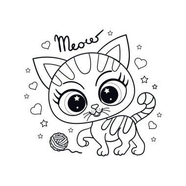 Çatallı şirin bir kedi yavrusu. Siyah ve beyaz doğrusal görüntü. Vektör