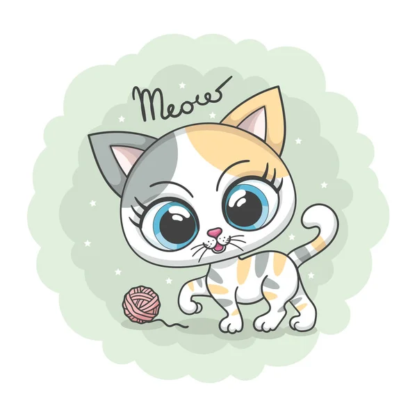 Meow. White cat with big eyes plays with a ball. Vector — стоковый вектор