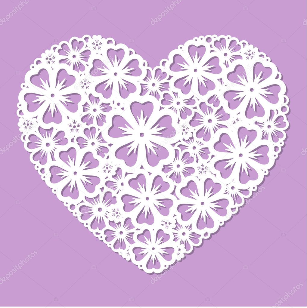 Template for laser cutting, heart with a pattern of flowers. Vector