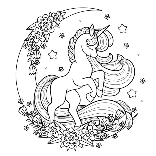 Beautiful Unicorn Long Mane Tail Flowers Moon Black White Linear — Stock Vector