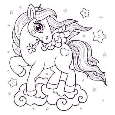 Şirin, küçük tek boynuzlu at. Midilli prensesi. Renkler için siyah ve beyaz çizimler. Vektör