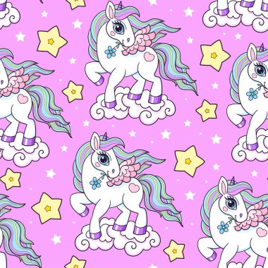 Kusursuz desen. Pembe arka planda tek boynuzlu at. Vektör