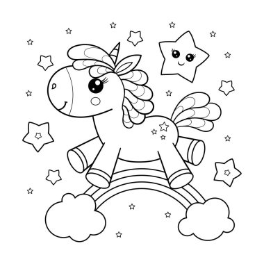 Şirin tek boynuzlu at, midilli. Doğrusal siyah beyaz çizim. Vektör