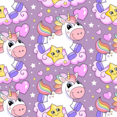 Tek boynuzlu at ve yıldızlı kusursuz desen. Bebek kumaşı tasarımı, duvar kağıtları, arka planlar, baskılar, ambalaj kağıtları vesaire için. Vektör