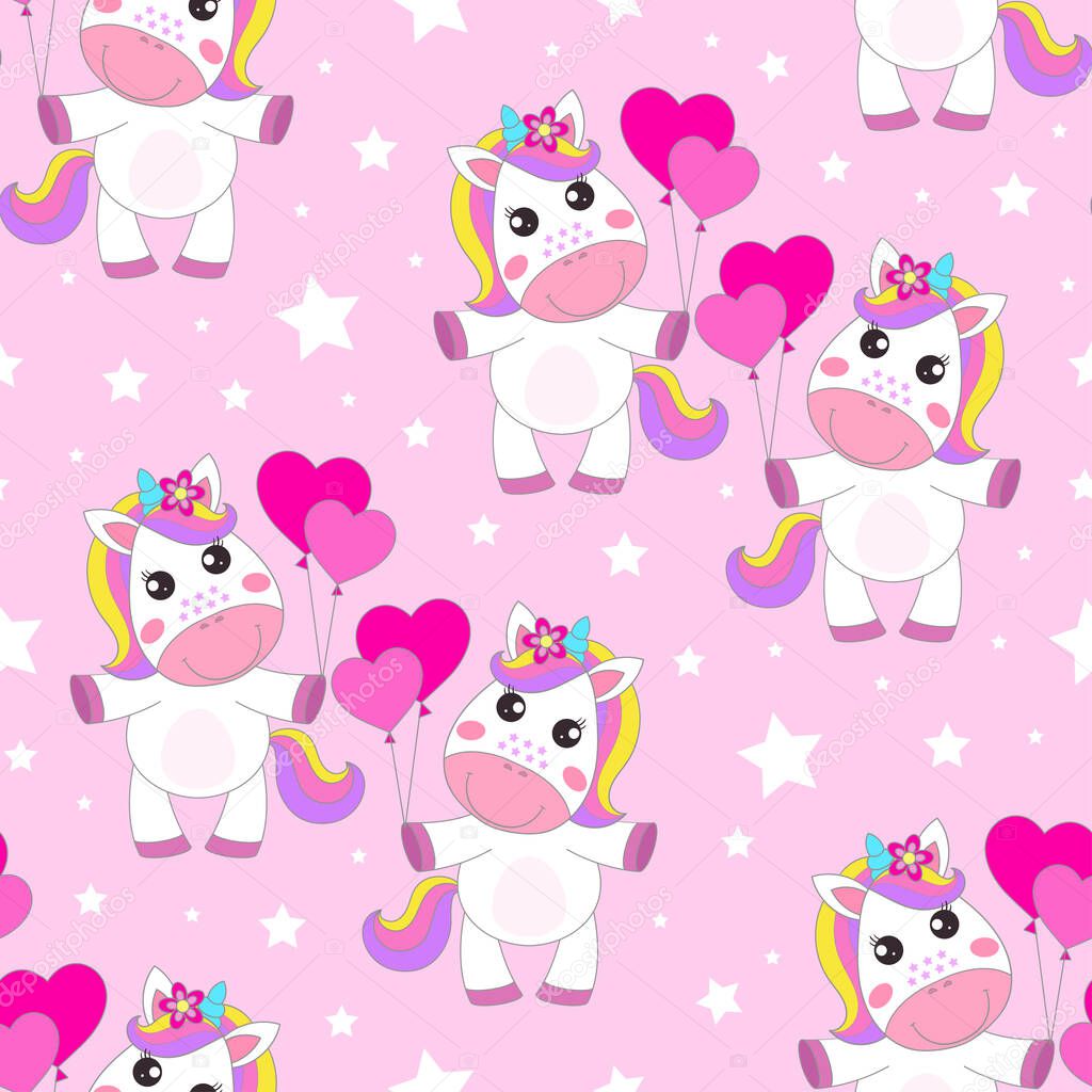 Seamless pattern with cute unicorn flying on heart shaped balloons. Vector