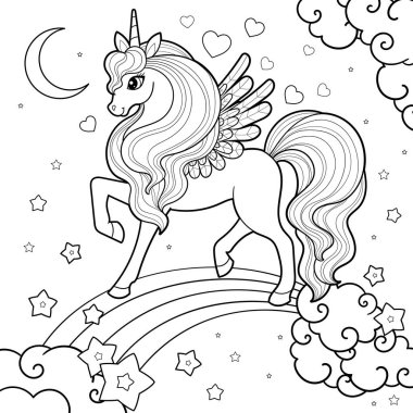 Gökkuşağında güzel tek boynuzlu at. Siyah-beyaz doğrusal çizim. Fantezi Pegasus. Çocuk baskıları, posterler, boyama kitapları, kartpostallar, çıkartmalar vesaire için. Vektör