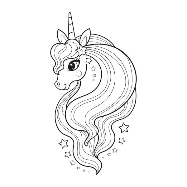 Cute Kartun Unicorn Kepala Dengan Surai Panjang Gambar Linear Hitam - Stok Vektor