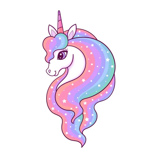 Head Beautiful Unicorn Long Rainbow Mane Children Design Prints Posters — Stock Vector