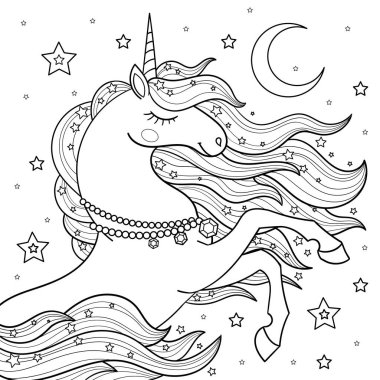 Uzun yeleli güzel bir tek boynuzlu at. Vektör