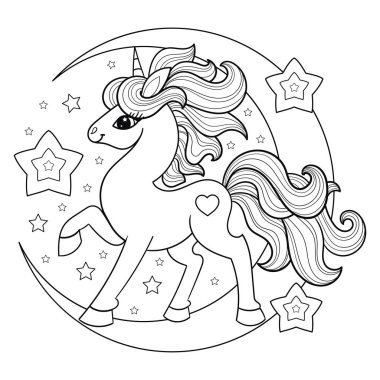 Ay 'daki güzel tek boynuzlu at. Siyah ve beyaz doğrusal görüntü. Vektör