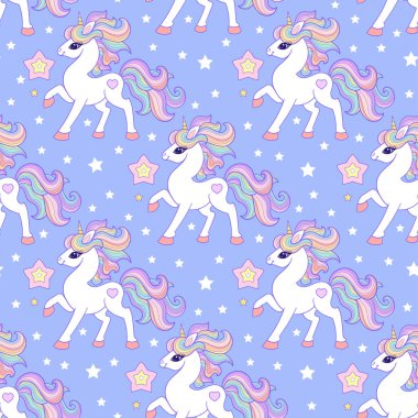 Mavi arka planda tek boynuzlu atlar ve yıldızlar olan kusursuz bir desen. Vektör