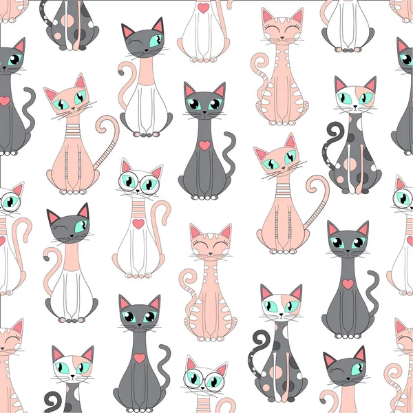 Seamless pattern with cute cartoon cats. Vector — Stock Vector