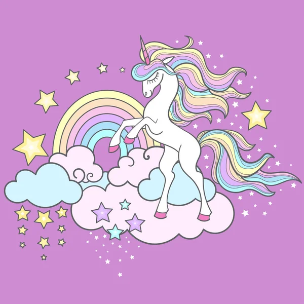 Bellissimo unicorno bianco con arcobaleno e nuvole. Vettore — Vettoriale Stock