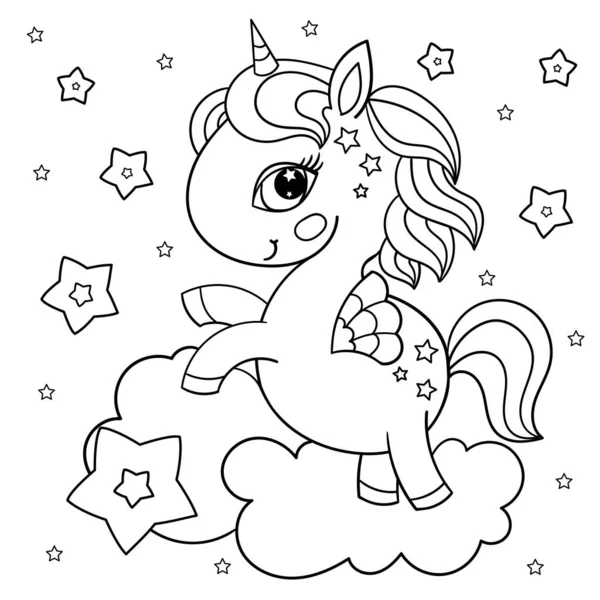 Yıldızlı bir bulutta tek boynuzlu at yavrusu çizgi filmi. Siyah ve beyaz çizgisel çizim. Çocuk boyama kitabı tasarımı için. Kartlar, çıkartmalar, baskılar, posterler, vesaire. Vektör