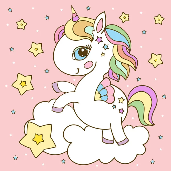 Cartoon Baby Unicorn Rainbow Mane Cloud Stars Cute Fantasy Animal — Vettoriale Stock